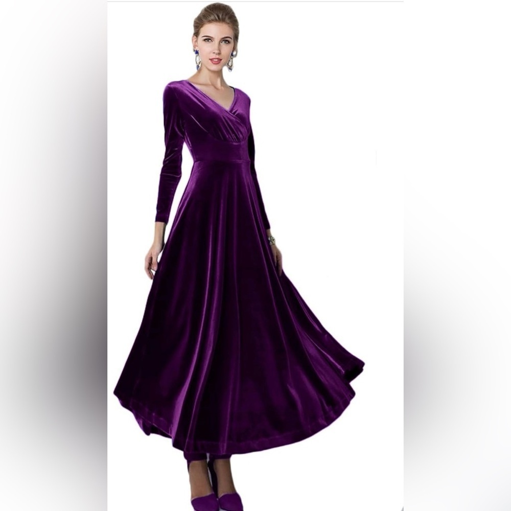 Urban CoCo Women Long Sleeve V-Neck Velvet Stretchy Long Dress NWT